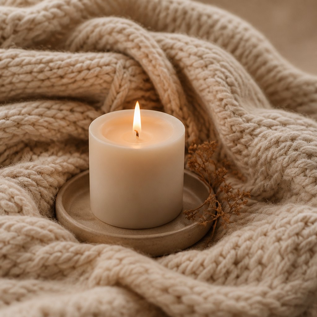 Lit candle nestled in a chunky knit blanket