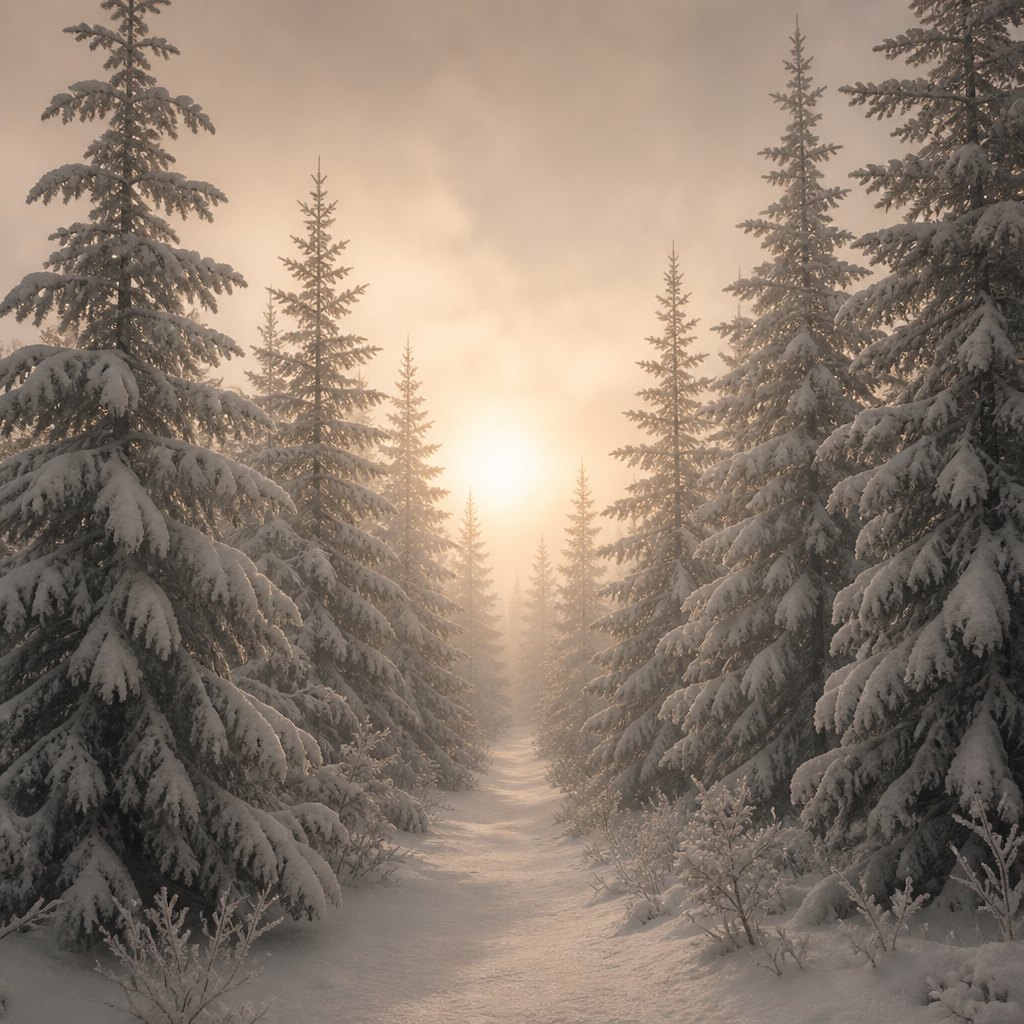 Misty snowy pine forest at soft light