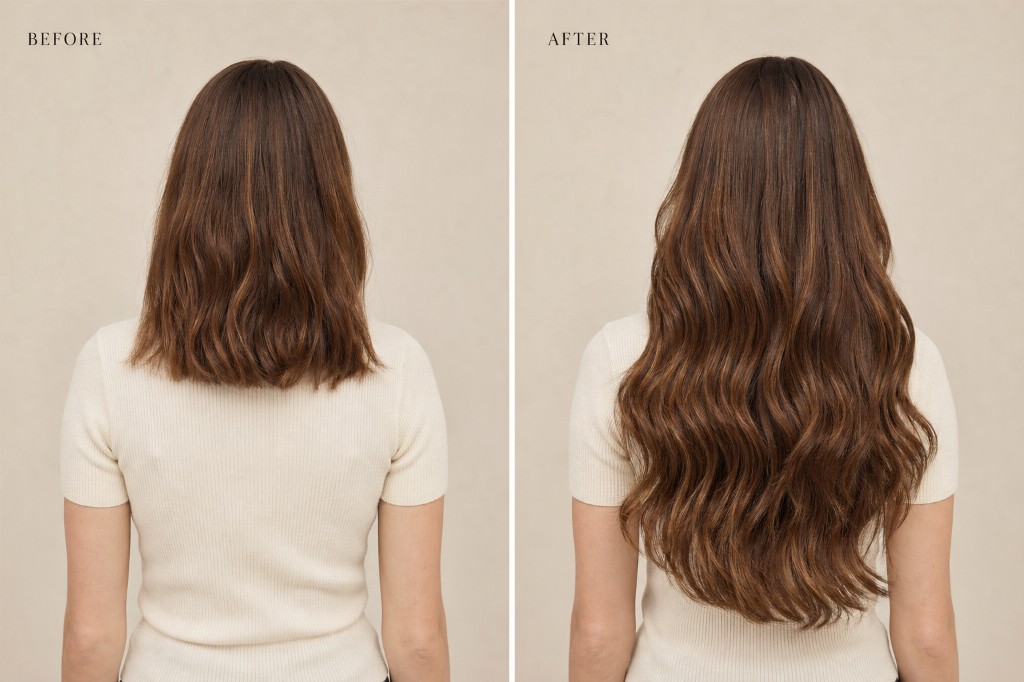 Before and after: chestnut brown hair with added length and fullness.