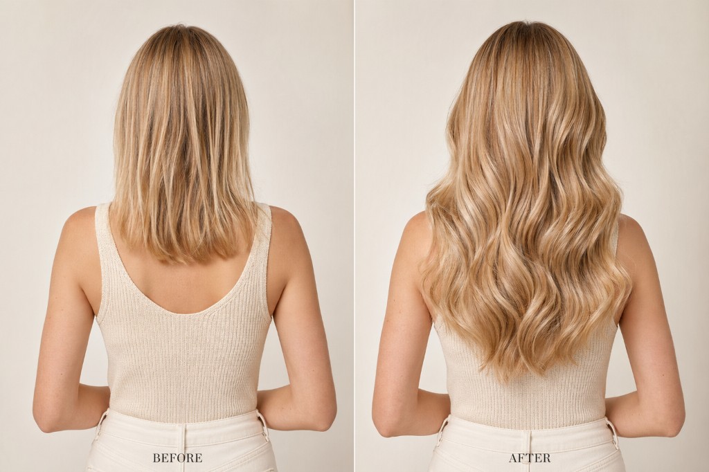 Before and after: longer, fuller waved blonde hair with extensions.